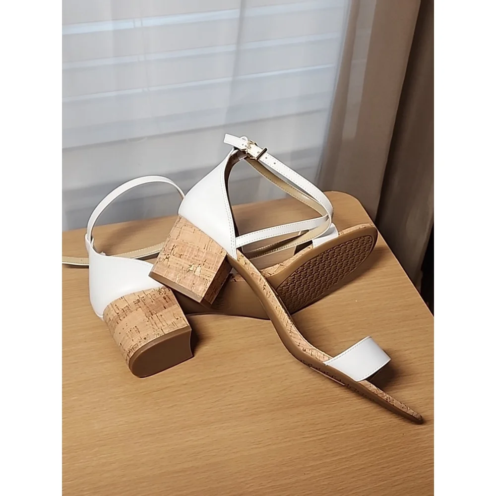 Michael Kors Women  Leather Ankle Strap Cork Block Heels 10 M - WHITE